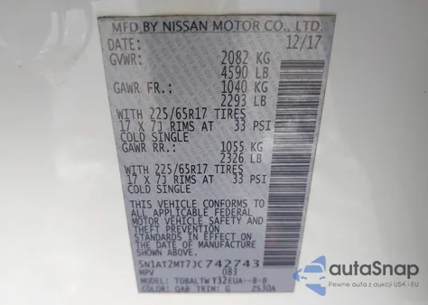 2018 Nissan Rogue Sv from USA, damaged, VIN 5N1AT2MT7JC742743